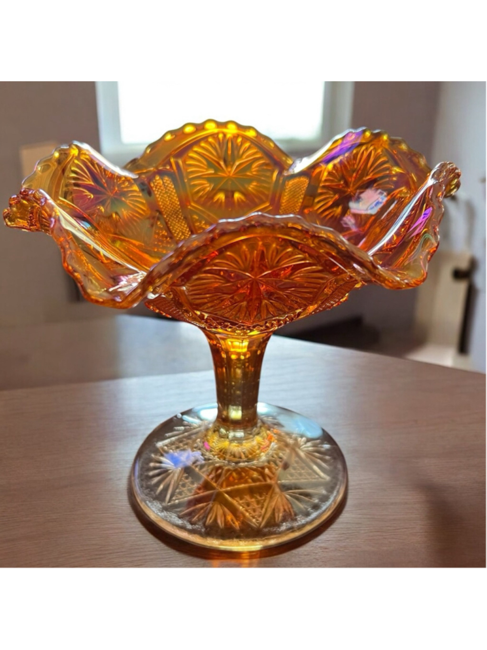 Vintage Imperial Carnival Glass Star and File Compote PedestalBowl